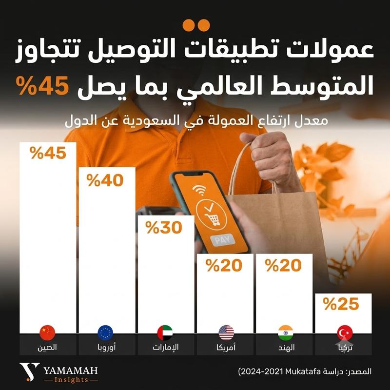 مقارنة معدل ارتفاع عمولات منصات التوصيل في السعودية كنسبة مئوية إضافية تفوق المتوسط العالمي مقارنة بالأسواق الدولية الرئيسية.